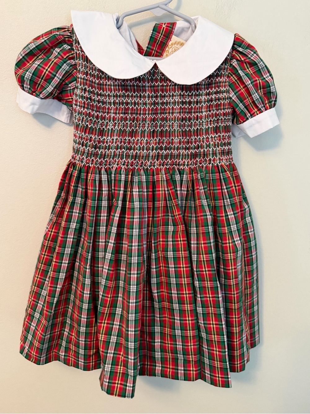 The Beaufort Bonnet Red and Green Plaid Smocked Dress with White Collar